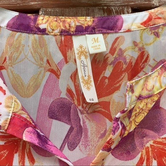 Adiva | Round Neck Semi Sheer 3/4 Sleeve Floral Pullover Blouse Top M - Picture 4 of 13